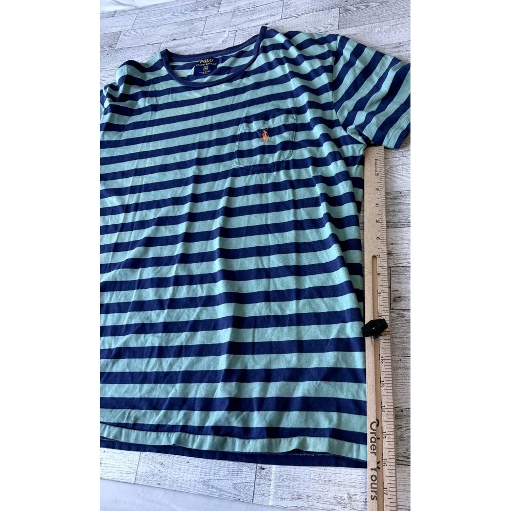 Polo Ralph Lauren Mens XL Striped Pocket T-Shirt Navy Blue Mint Green Pony Logo